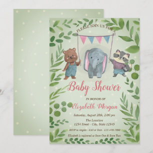 Niedliche Tiere, Blätter, Blue Dots Baby Dusche Einladung