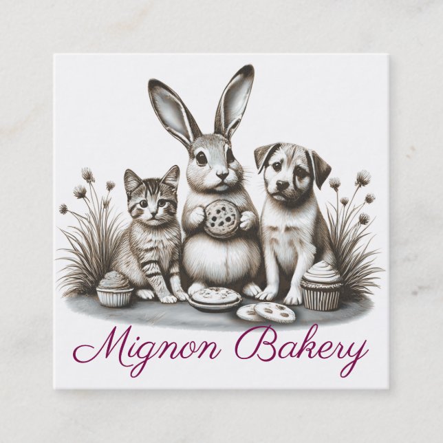 Niedliche Tiere Bunny Cat frisst Keks Backbäckerei Quadratische Visitenkarte (Vorderseite)