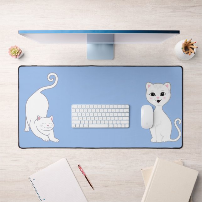 Niedliche Tiere der weißen Katze auf hellblau Schreibtischunterlage (Büro 1)