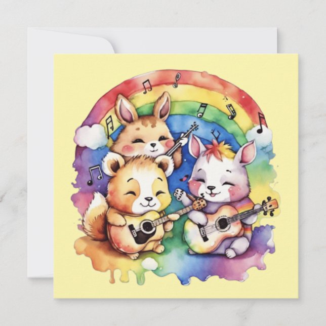 Niedliche Tiere, die im Regenbogen Musik spielen (Vorderseite)