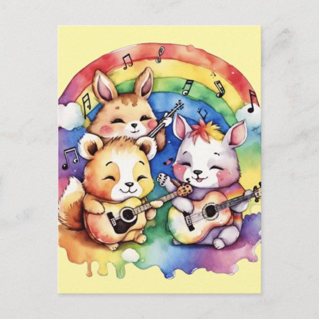 Niedliche Tiere, die im Regenbogen Musik spielen Postkarte (Vorderseite)