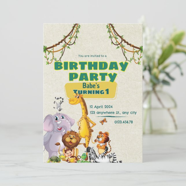 Niedliche Tiere Einladung zum 1. Geburtstag (Stehend Vorderseite)