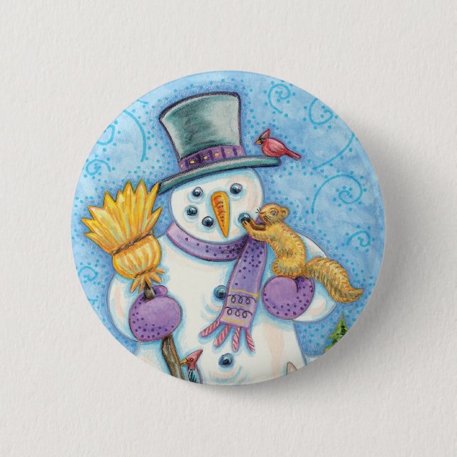 Niedliche Tiere Gebäude ein Schneemann zu Weihnach Button (Vorderseite)