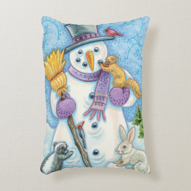 Niedliche Tiere Gebäude ein Schneemann zu Weihnach Dekokissen (Vorderseite(Vertikal))