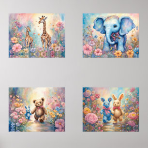 Niedliche Tiere im Blumengarten Pastell Bilderwand Sets