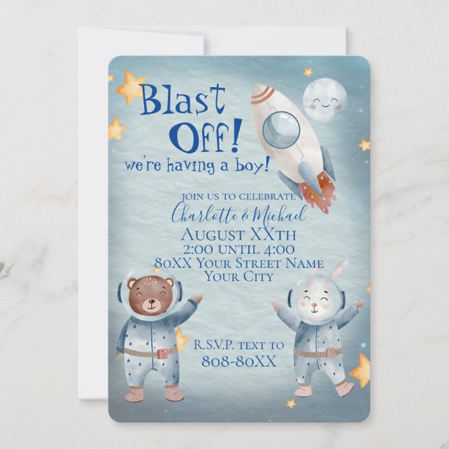 Niedliche Tiere im Outer Space Babythema Einladung (Vorderseite)