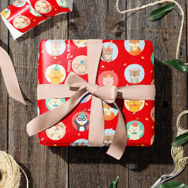 Niedliche Tiere im Party Hats Kinder Roter Glückwu Geschenkpapier