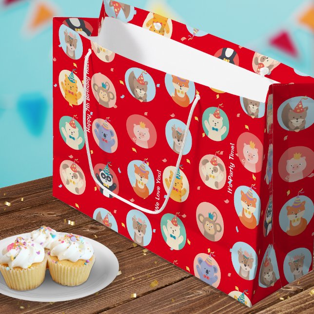 Niedliche Tiere im Party Hats Kinder Roter Glückwu Große Geschenktüte (Von Creator hochgeladen)
