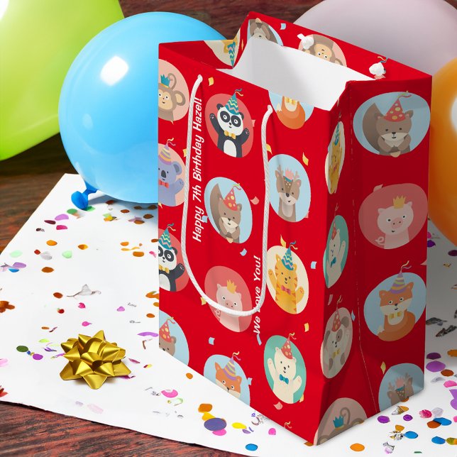 Niedliche Tiere im Party Hats Kinder Roter Glückwu Mittlere Geschenktüte (Von Creator hochgeladen)