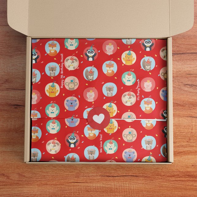 Niedliche Tiere im Party Hats Kinder Roter Glückwu Seidenpapier (Von Creator hochgeladen)