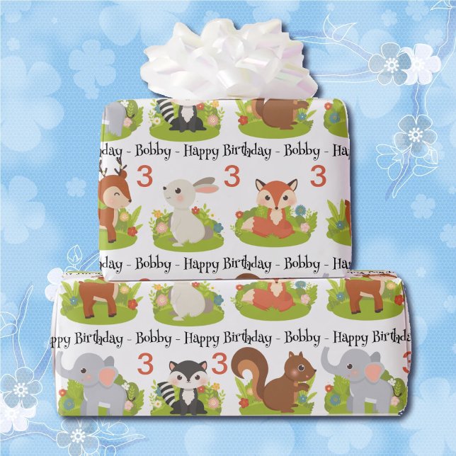 Niedliche Tiere Personalisieren Name & Alter Gebur Geschenkpapier (Von Creator hochgeladen)