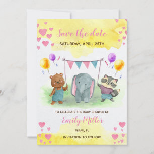 Niedliche Tiere Rosa gelbe Babydusche Save the Dat Date