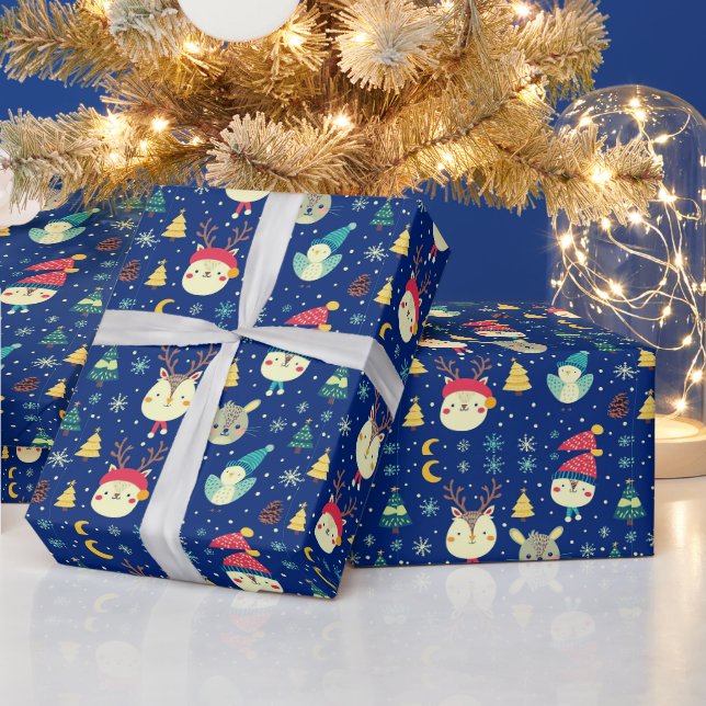 Niedliche Tiere Weihnachtsbaumen Blaue Weihnachten Geschenkpapier (Feiertage)