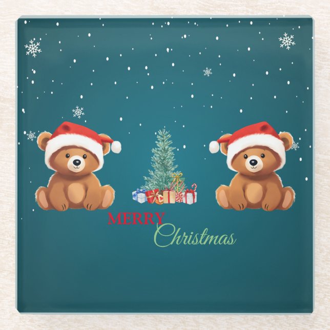 Niedliche Tiere Winterbär Weihnachtsbaum Glasuntersetzer (Vorderseite)