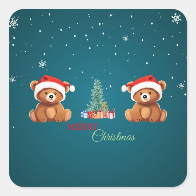 Niedliche Tiere Winterbär Weihnachtsbaum Quadratischer Aufkleber (Vorderseite)