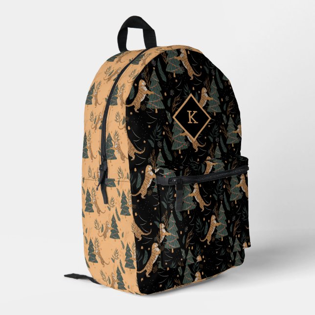 Niedliche Tiger und Weihnachtsbäume auf schwarz un Bedruckter Rucksack (Rückseitige Ecke links)