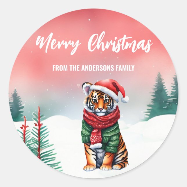 Niedliche Tigersafari Wild Weihnachten Party Kinde Runder Aufkleber (Vorderseite)
