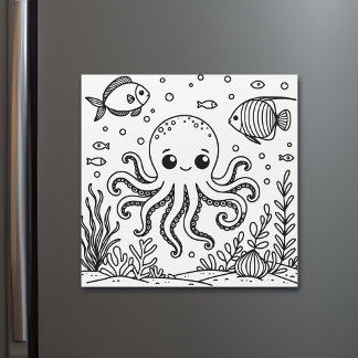 Niedliche Tintenfische und Fische | Farbseite des Magnetkarte