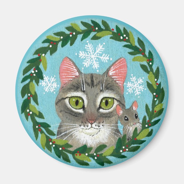 Niedliche Tischtenkatze, Maus, Weihnachtsschnee Magnet (Vorne)