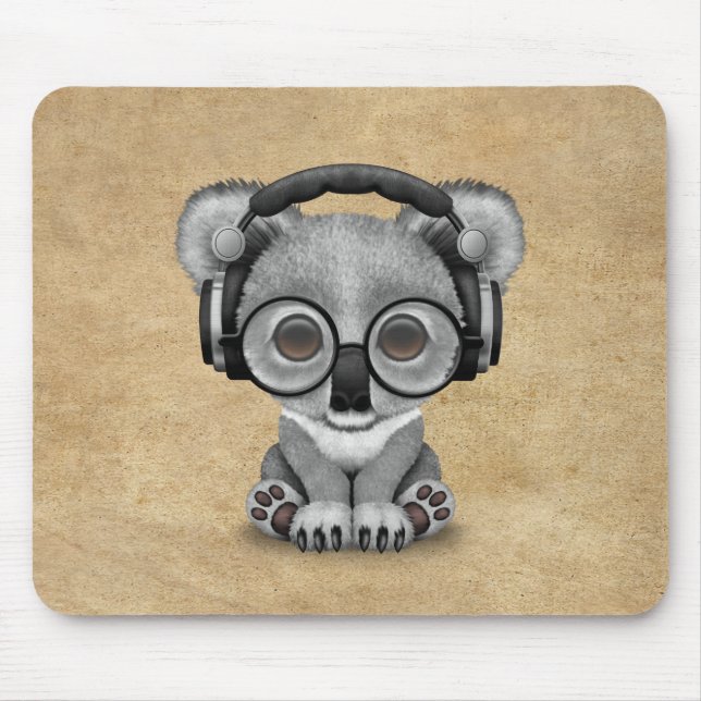 Niedliche tragende Kopfhörer Baby-Koala-Bärn-DJ Mousepad (Vorne)