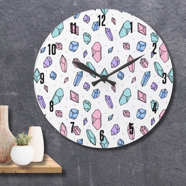 Niedliche, trendige Edelsteine Gemstones krystales Große Wanduhr (Cute Trendy Pastel Gemstones Gems Crystal Pattern Large Clock)