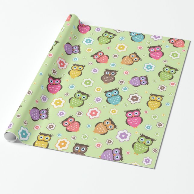 Niedliche trendige Eulen und Blume Geschenkpapier (Ungerollt)
