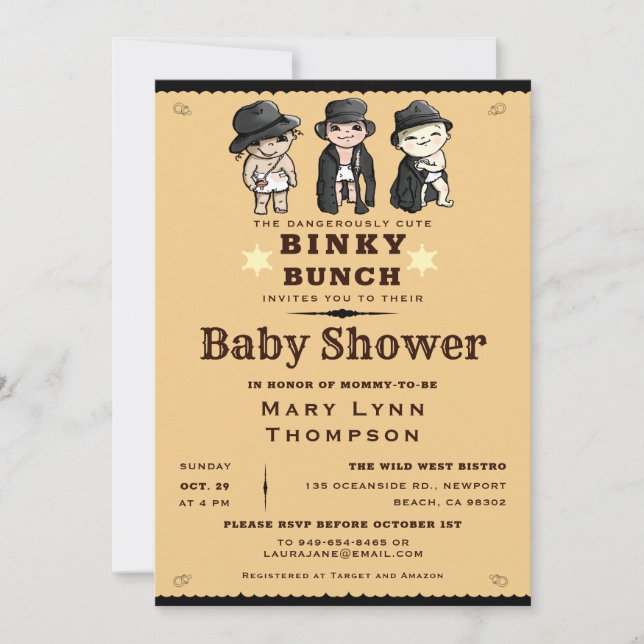 Niedliche Triplets Binky Bunch Western Babydusche Einladung (Vorderseite)