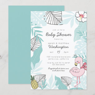 Niedliche tropische Blätter   Flamingo Baby Shower Einladung