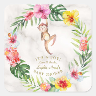Niedliche tropische Girl-Babydusche der Affen Quadratischer Aufkleber