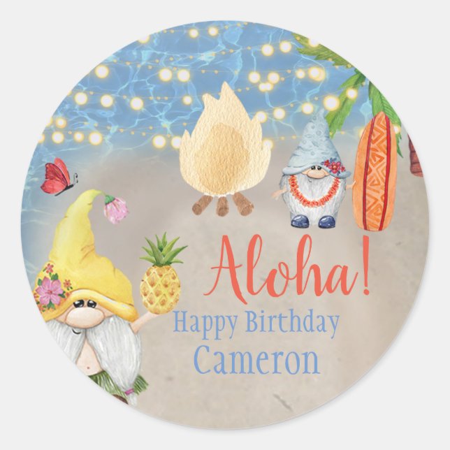 Niedliche tropische Gnome am Strand Luau Party Runder Aufkleber (Vorderseite)