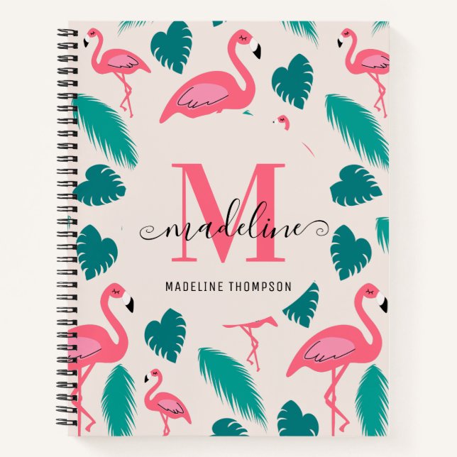 Niedliche tropische Monogramm-Blätter Hot Pink Fla Notizbuch (Vorderseite)