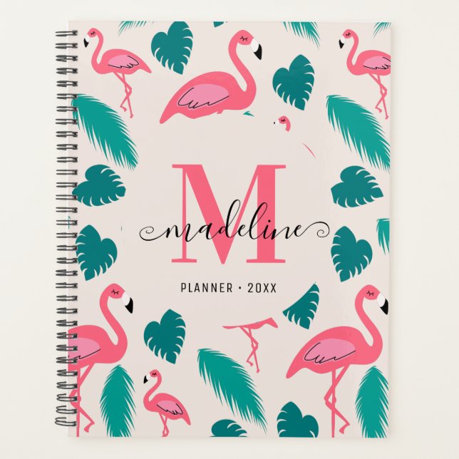 Niedliche tropische Monogramm-Blätter Hot Pink Fla Planer (Vorderseite)