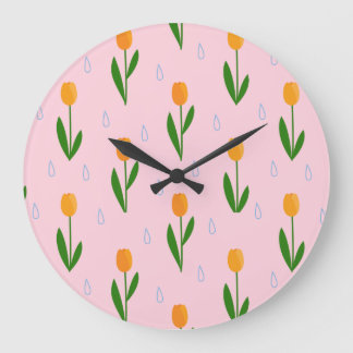 Niedliche Tulip-Blume mit Raindrop-Muster Große Wanduhr