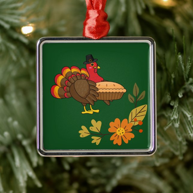 Niedliche Türkei mit Pumpkin Pie Erntedank Ornament Aus Metall (Baum)