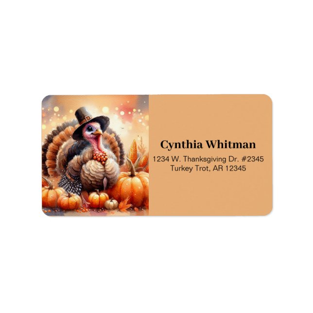 Niedliche Türkei Pilgrim Hat Pumpkins Mais Ernteda Adressaufkleber (Vorne)