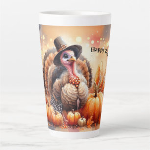 Niedliche Türkei Pilgrim Hat Pumpkins Mais Ernteda Milchtasse