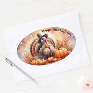 Niedliche Türkei Pilgrim Hat Pumpkins Mais Ernteda Ovaler Aufkleber