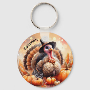Niedliche Türkei Pilgrim Hat Pumpkins Mais Ernteda Schlüsselanhänger