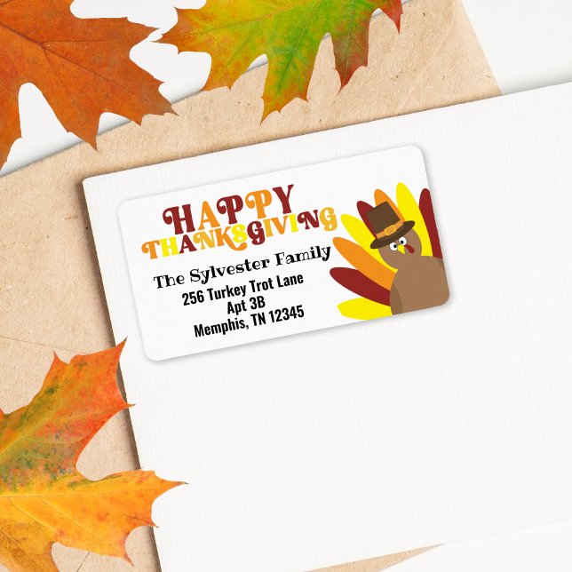 Niedliche Türkei Retro Happy Thankgiving-Adresseti Adressaufkleber (Happy Thanksgiving Retro Font Cute Turkey Return Address labels)