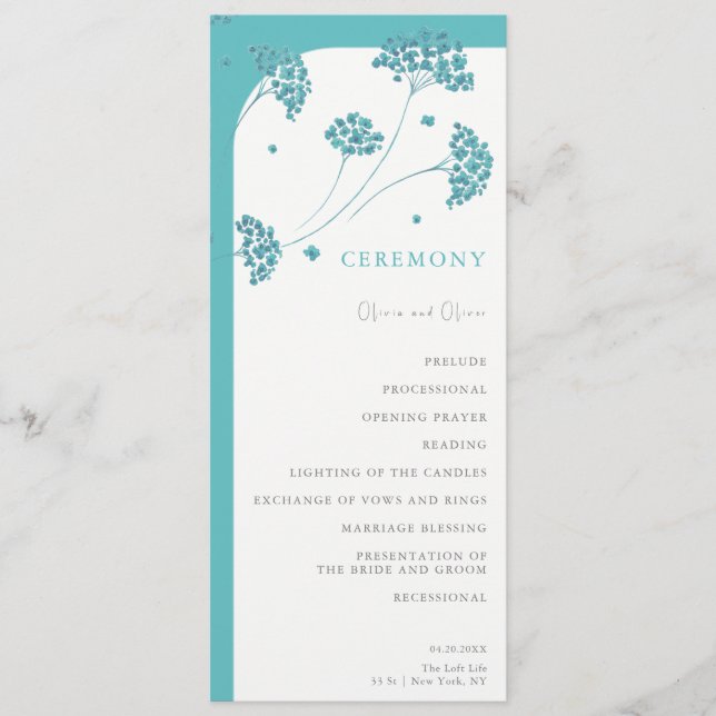 Niedliche türkisfarbene Blume Hochzeit Programm (Vorderseite)