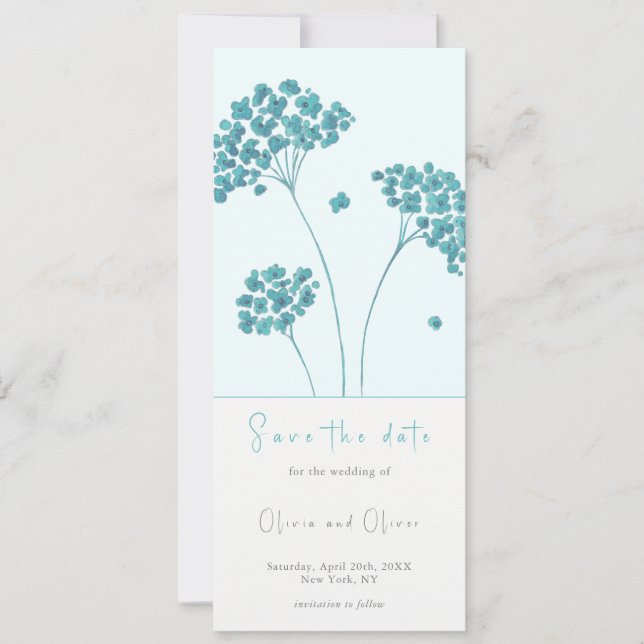 Niedliche türkisfarbene Blume Save the Date Einladung (Vorderseite)