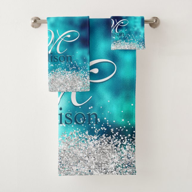 Niedliche türkisfarbene Imitate Glitzer Monogramm Badhandtuch Set (Insitu)