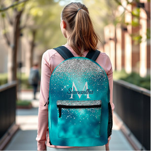 Niedliche türkisfarbene Imitate Glitzer Monogramm Bedruckter Rucksack