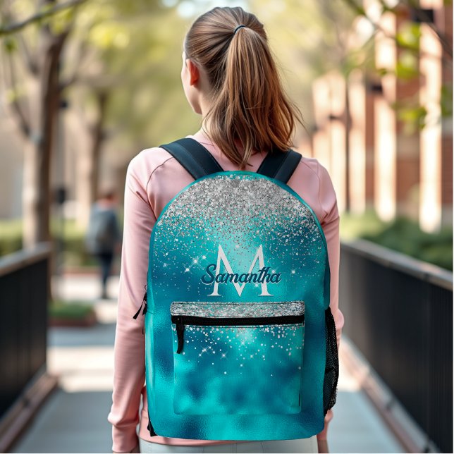 Niedliche türkisfarbene Imitate Glitzer Monogramm Bedruckter Rucksack (Von Creator hochgeladen)
