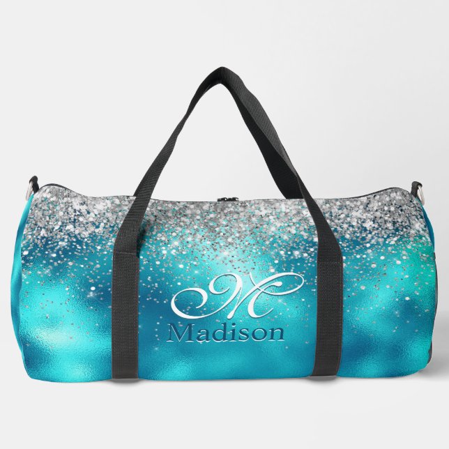 Niedliche türkisfarbene Imitate Glitzer Monogramm Duffle Bag (Vorderseite)