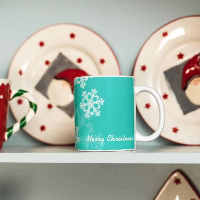 Niedliche türkisfarbene und weiße Weihnachtsschnee Kaffeetasse (Von Creator hochgeladen)