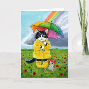 Niedliche Tuxedo-Katze, Maus, Regenbogenschirm Karte