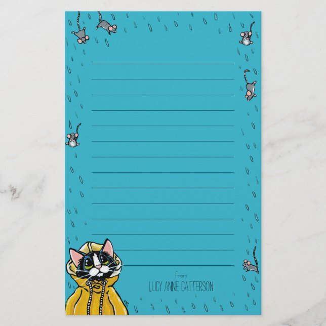 Niedliche Tuxedo-Katze u. Regnenmäuse zeichneten Briefpapier (Vorderseite)
