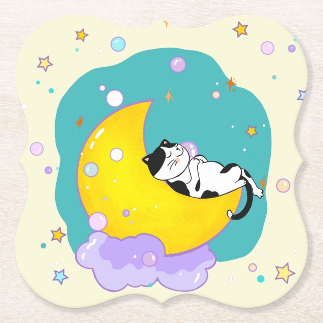 Niedliche Tuxedo Kitty Cat Schlafen auf dem Mond Untersetzer (Vorderseite)