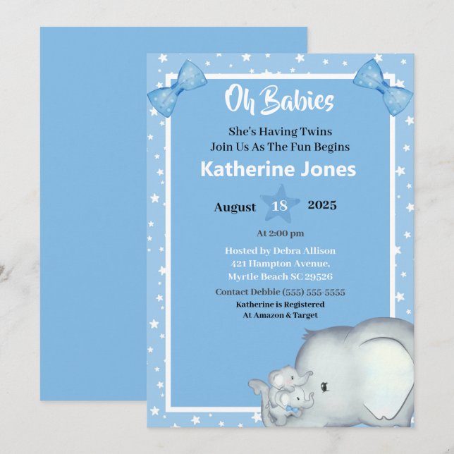 Niedliche Twin Boys Elephant Baby Shower Einladung (Vorne/Hinten)